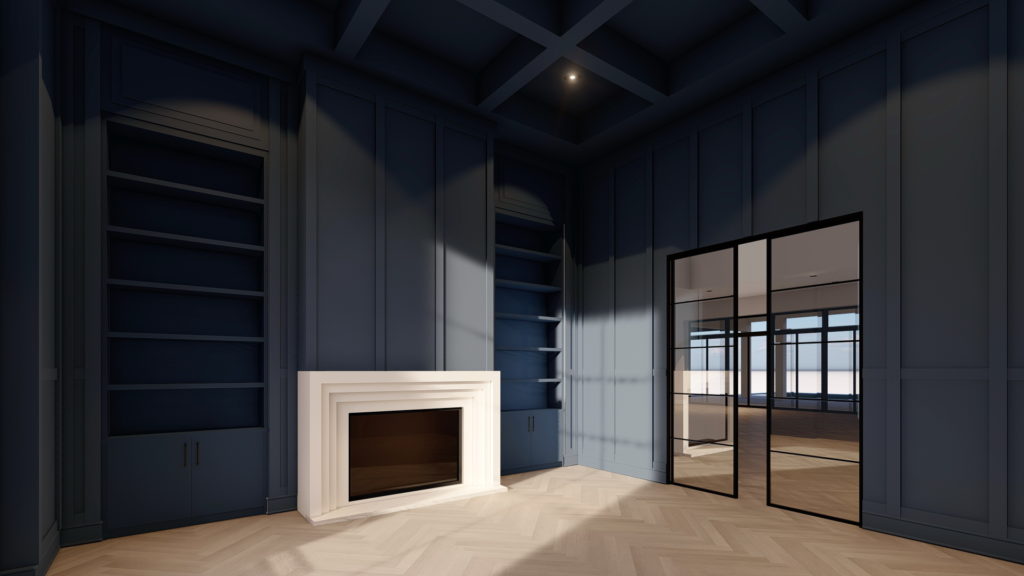 Dark blue office design with paneling and stone fireplace by nuela designs