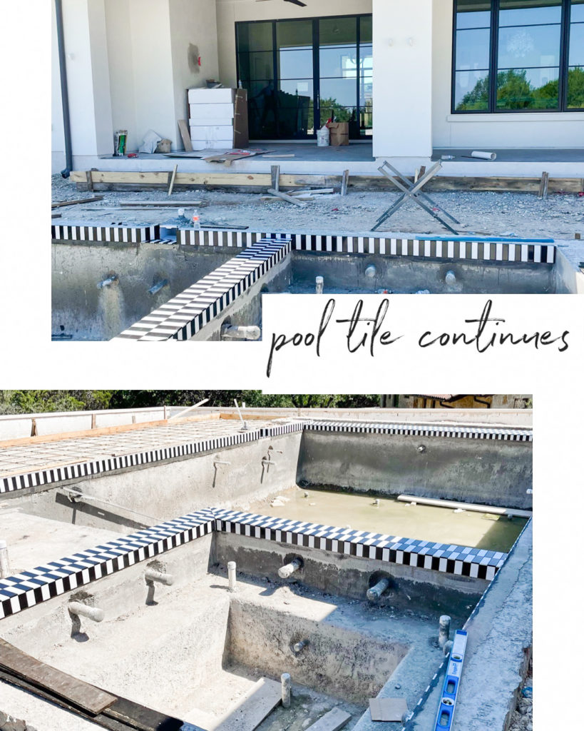 black and white pool tile and construction pool progress by Nuela Designs