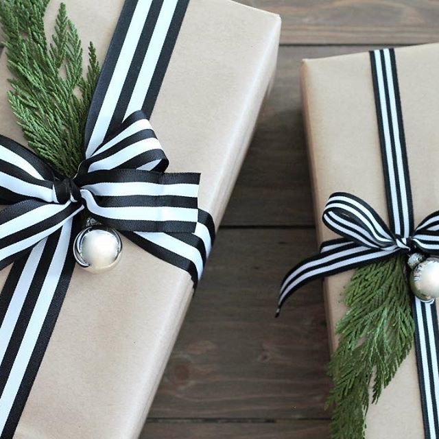 black and white ribbon and brown craft paper wrapping for gifts.