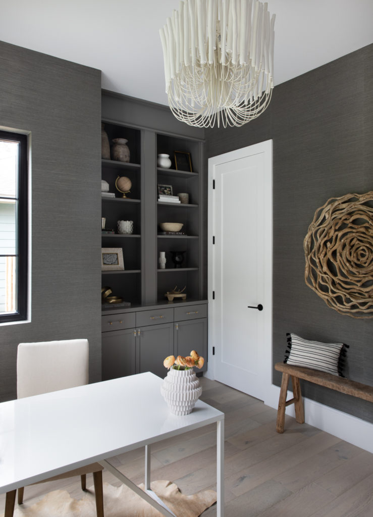 gray grasscloth wallpaper in office by Austin interior designer Nuela Designs