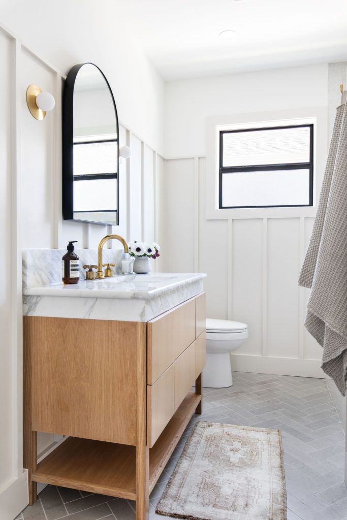 Gray Herringbone Floors in Classic Bathroom Remodel