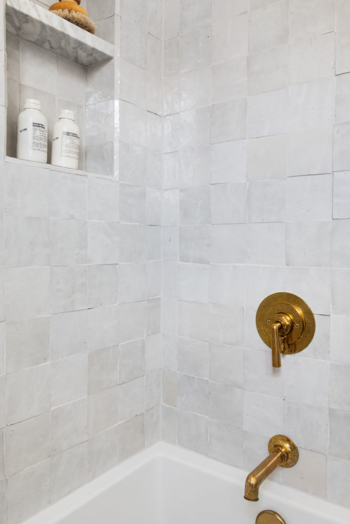 Handmade Zellige Tile in Shower with Marble Soap Niche