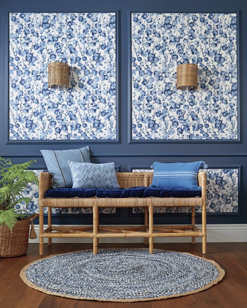 blue floral wallpaper in panels