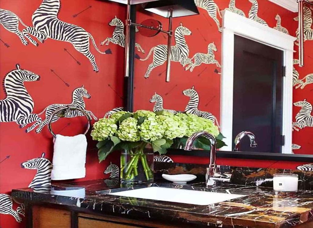 scalamandre zebra red wallpaper bathroom