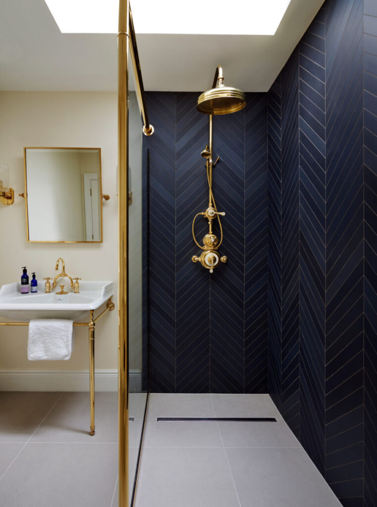 navy chevron tile in shower