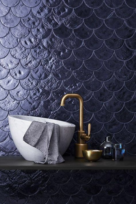 navy fish scale or fan tile in bathroom