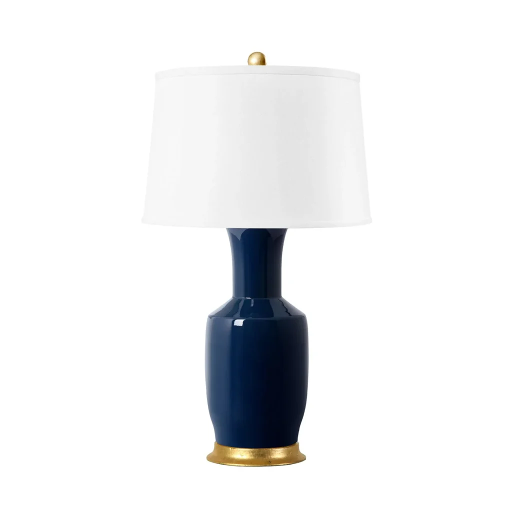 Navy table lamp with white shade and gold details