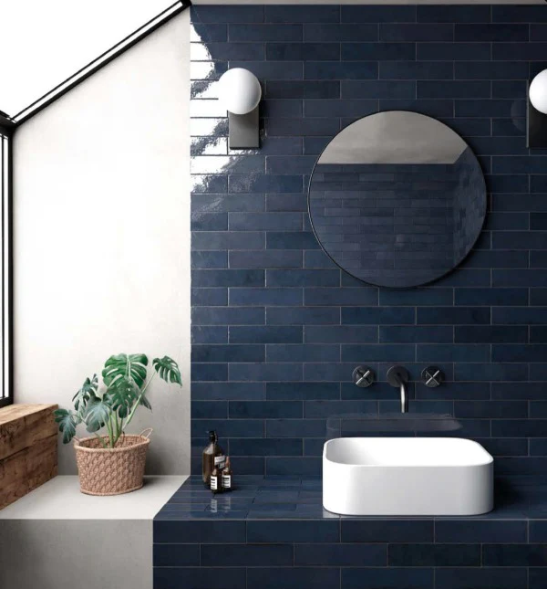 navy subway tile in bathroom