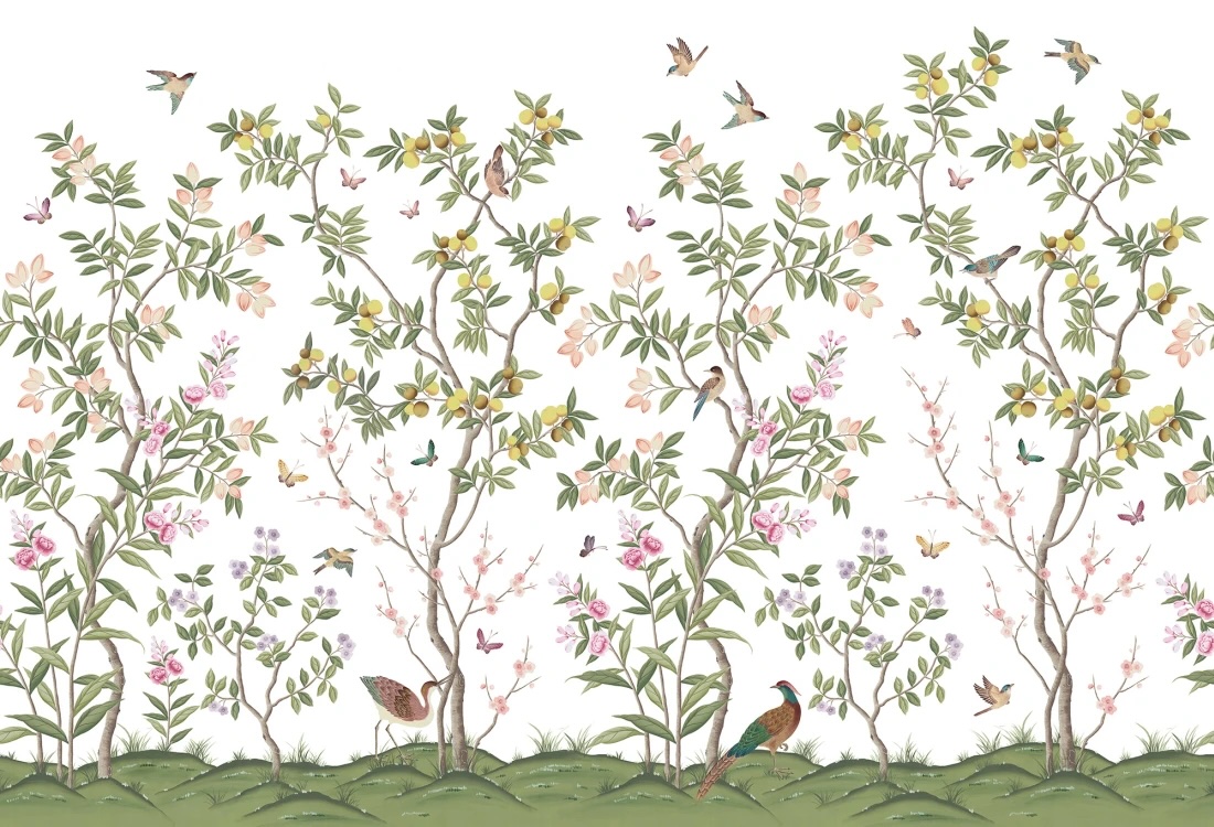 White background Chinoiserie Wallpaper with Green and Pink Colors and Birds for Nursery