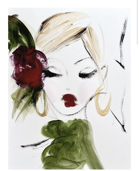 fashion sketch face art green and burgundy