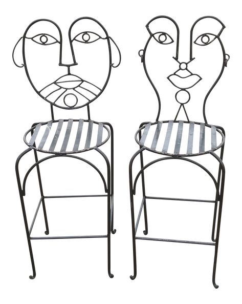 John Risley Style Wrought Iron Bar Stools- A Pair of Face Chairs