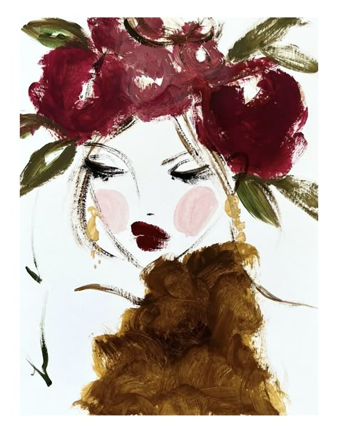 fashion sketch face art in brown and roses on head