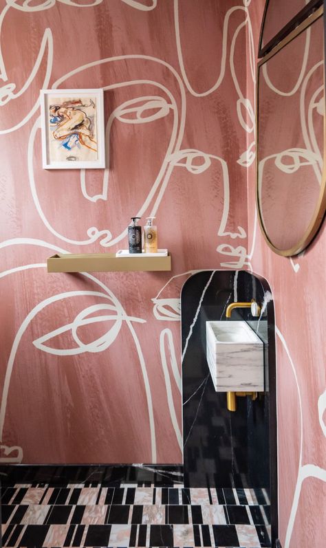 Drop in Modern Pink Face Wallpaper in Chic Bathroom