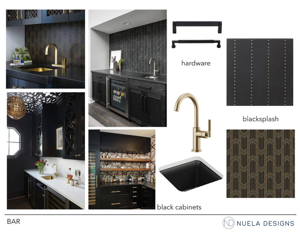 Nuela Designs Bar Interior Design concept with Black Cabinets and modern black and gold backsplash.