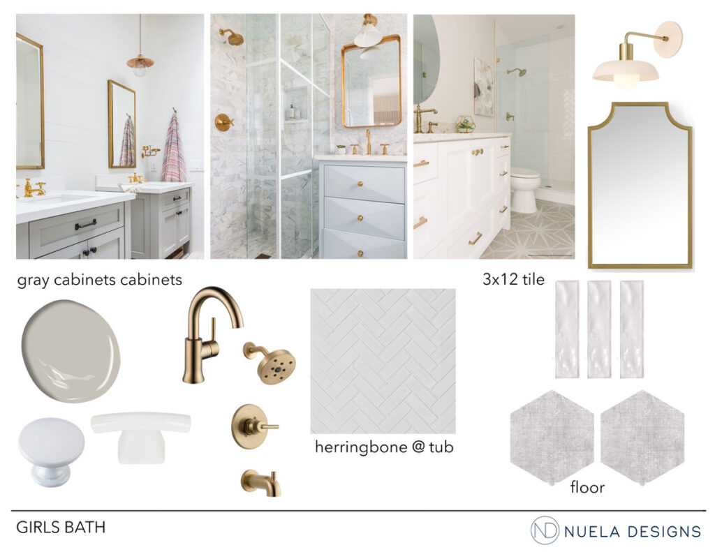 Nuela Designs Girl Bathroom Interior Design Concept. Gray and White and Gold Color Palette.