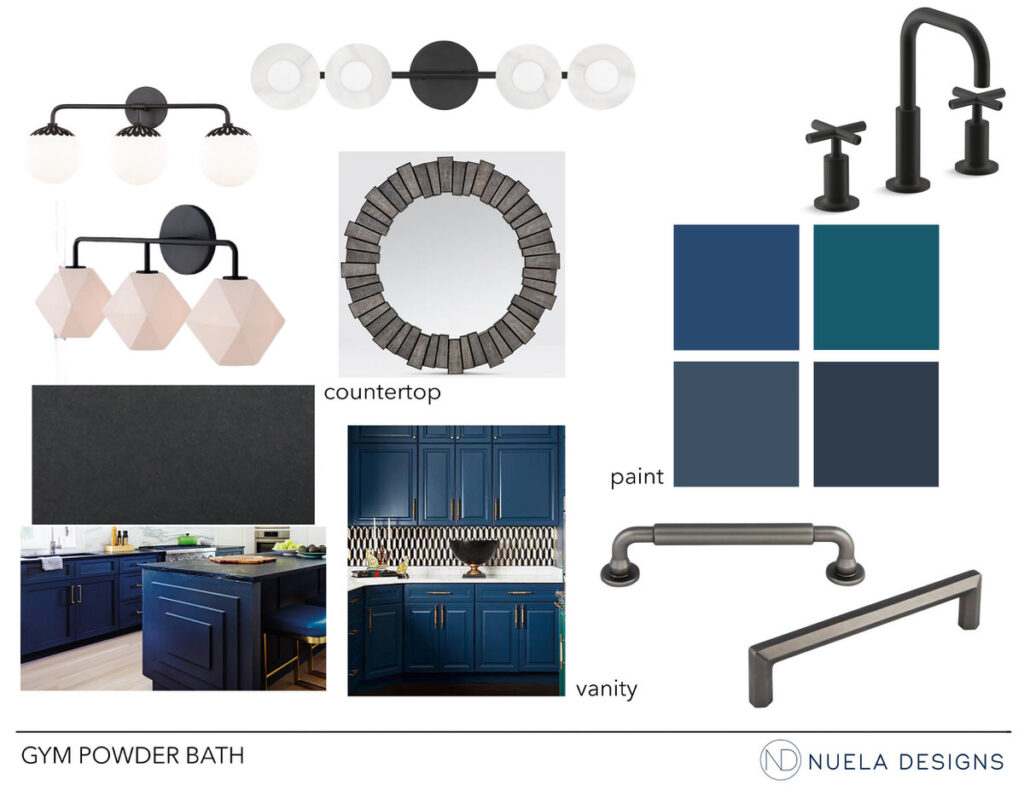 Nuela Designs Home Gym Powder Bathroom Interior Design Concept. Blue cabinets with white, black and gray accents.