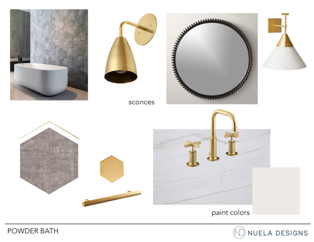 Nuela Designs Powder Bathroom Interior Design Concept gray and gold