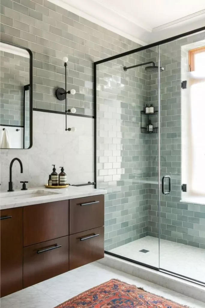 sage color green shower in bathroom