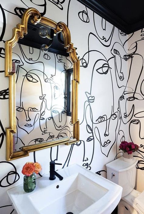 Black and White Face Wallpaper in bathroom