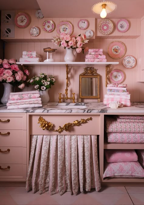 Love Shack Fancy Tour with Pink Cabinets, Pink Walls and Floral Plates